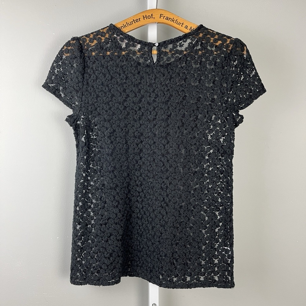 Ann Taylor LOFT Sheer Black‎ Top Shirt Womens S Nylon Mesh Floral Embroidered - Picture 5 of 6